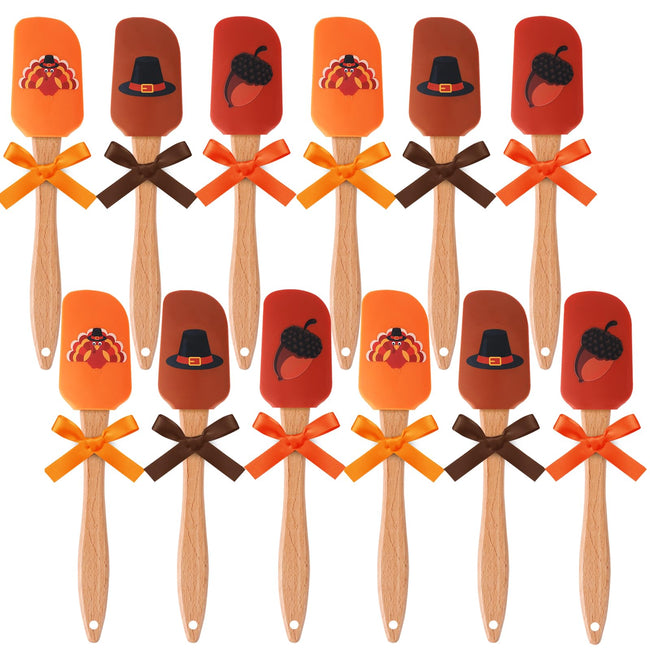 12 Pcs Thanksgiving Silicone Spatula Turkey Hat Chestnuts Pattern Holiday Spatulas Heat Resistant Spatula with Wooden Handle Thanksgiving Silicone Scraper with Ribbon Bows for Thanksgiving Party Gifts